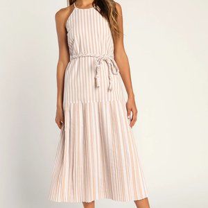 NWT Lulus Beach Town Bound Ivory Striped Pleated Drop Waist Midi Dress - XL